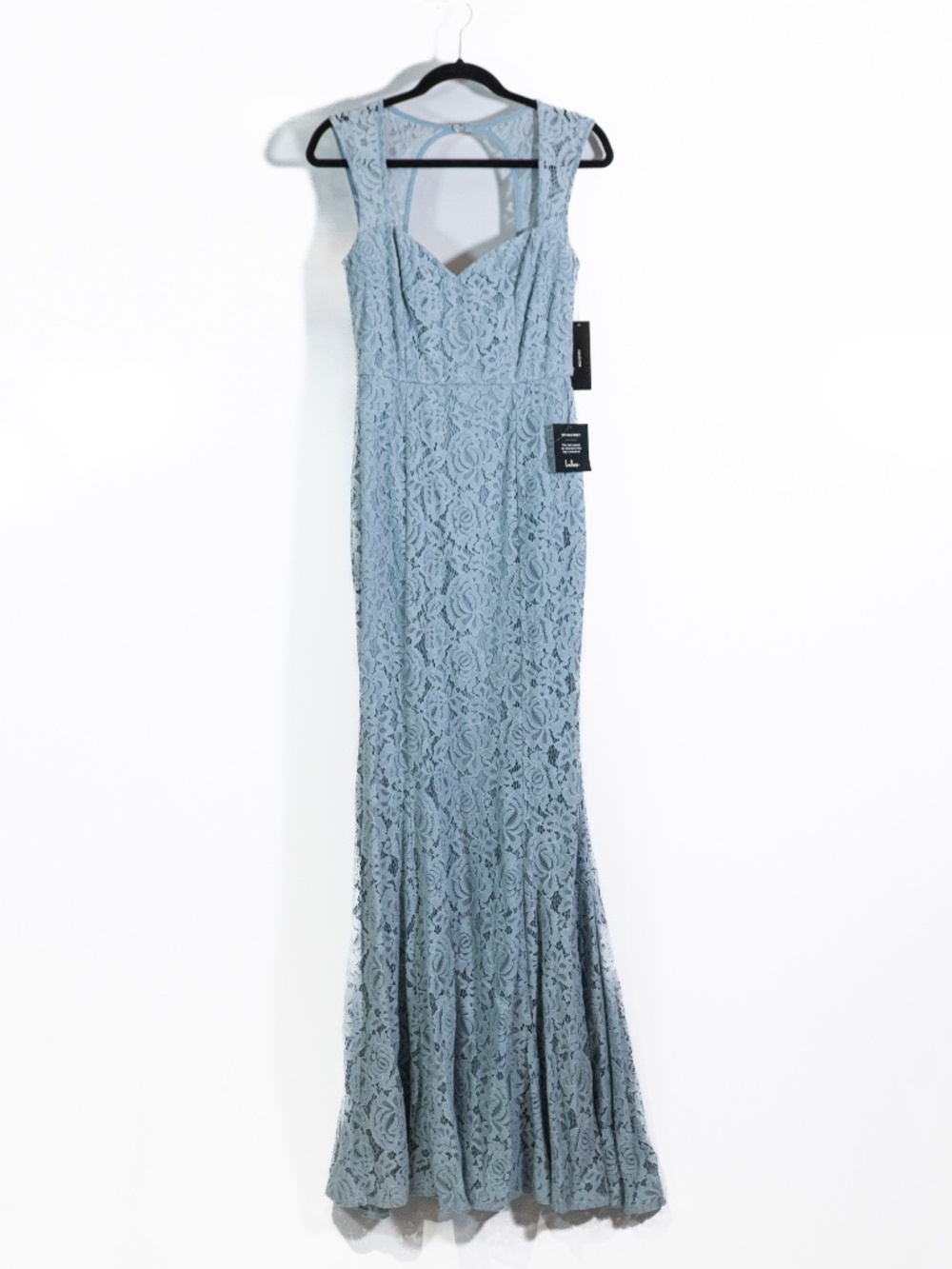 NEW Lulus Rosetta Slate Blue Allover Lace Cut Out Back Maxi Dress Medium